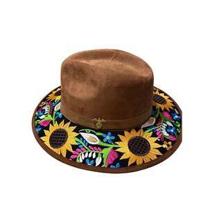 Sunflower Embroidered Brown Suede Felt Fedora Cowboy Artisanal Hat